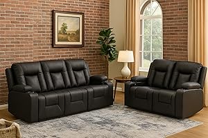 LUCKLIFE Leather Recliner Sofa Set with Manual Recliners,Living Room Furniture Set with Reclining Couch,Loveseat and Armchair,Living Room Chair with Cup Holders,Black (3+2)