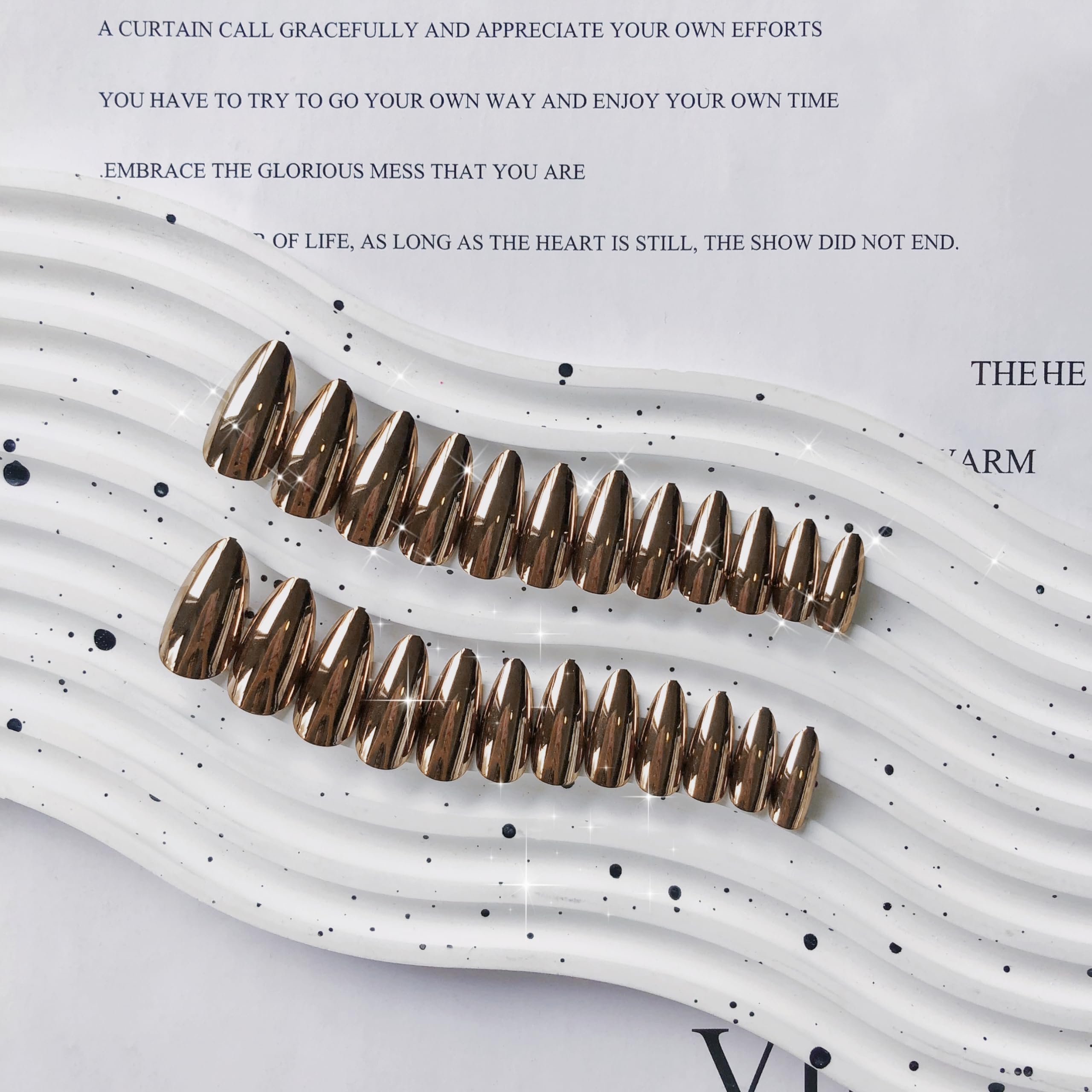 Bronze Chrome Press on Nails Medium Almond, KQueenest Metallic Brown Acrylic Fake Nails Medium Stiletto, Glitter Glue on Nails for Women Daily Party Wear, Glossy False Nails Press ons in 24 Pcs - Image 3