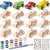 Leyndo 12 Pcs Wooden Cars to Paint for Kids, Unfinished Wooden Craft DIY Painting Toys for Kids Students with 12 Paint Colors & 12 Car Sticker Sheets for Classroom Art Activities Woodworking Project
