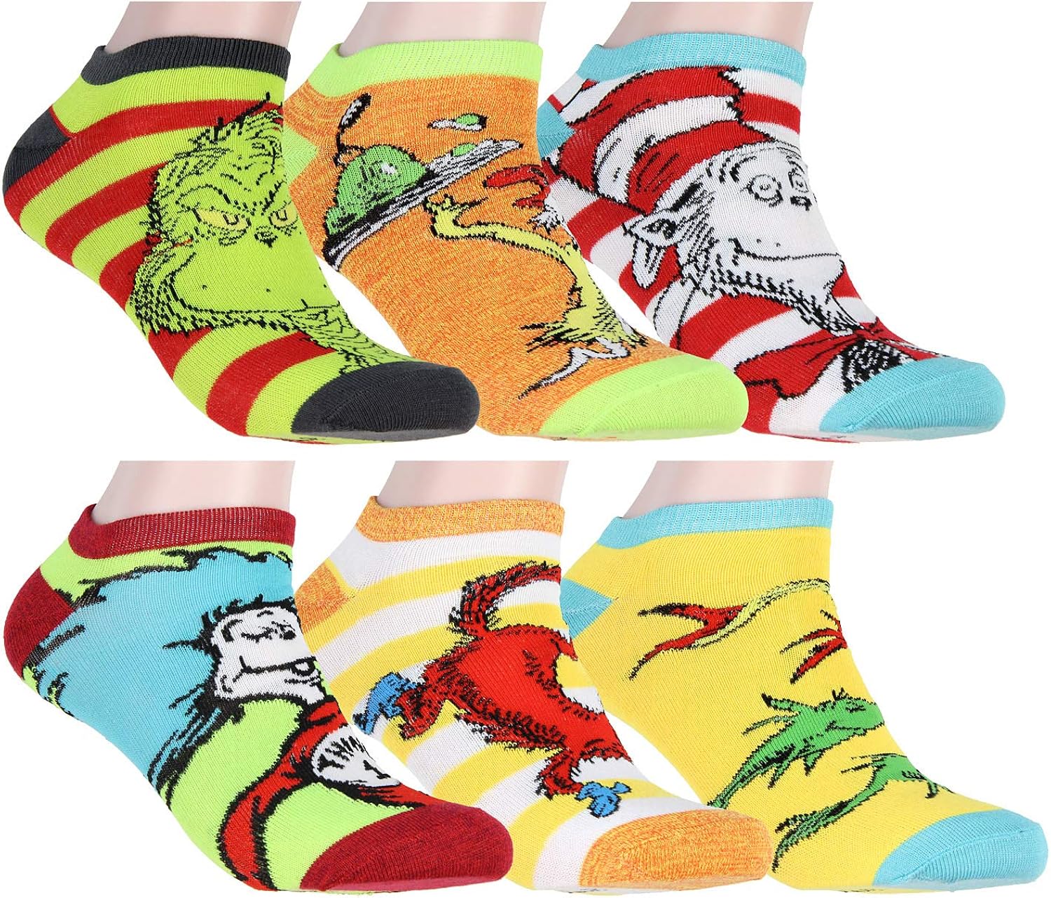 Dr. Seuss Socks Adult Book Character Designs 6 Pack Mix and Match No Show Ankle Socks, 9-11: Clothing