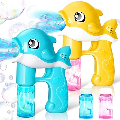 JOYIN 2 Bubble Guns Kit with 4 Solutions Blue Yellow Bubble Blaster