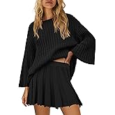 Yanekop Womens 2 Piece Sweater Skirt Set Loose Matching Lounge Sets Comfy Pajamas Set Long Sleeve Top and Skirt Sets