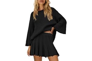 Yanekop Womens 2 Piece Sweater Skirt Set Loose Matching Lounge Sets Comfy Pajamas Set Long Sleeve Top and Skirt Sets