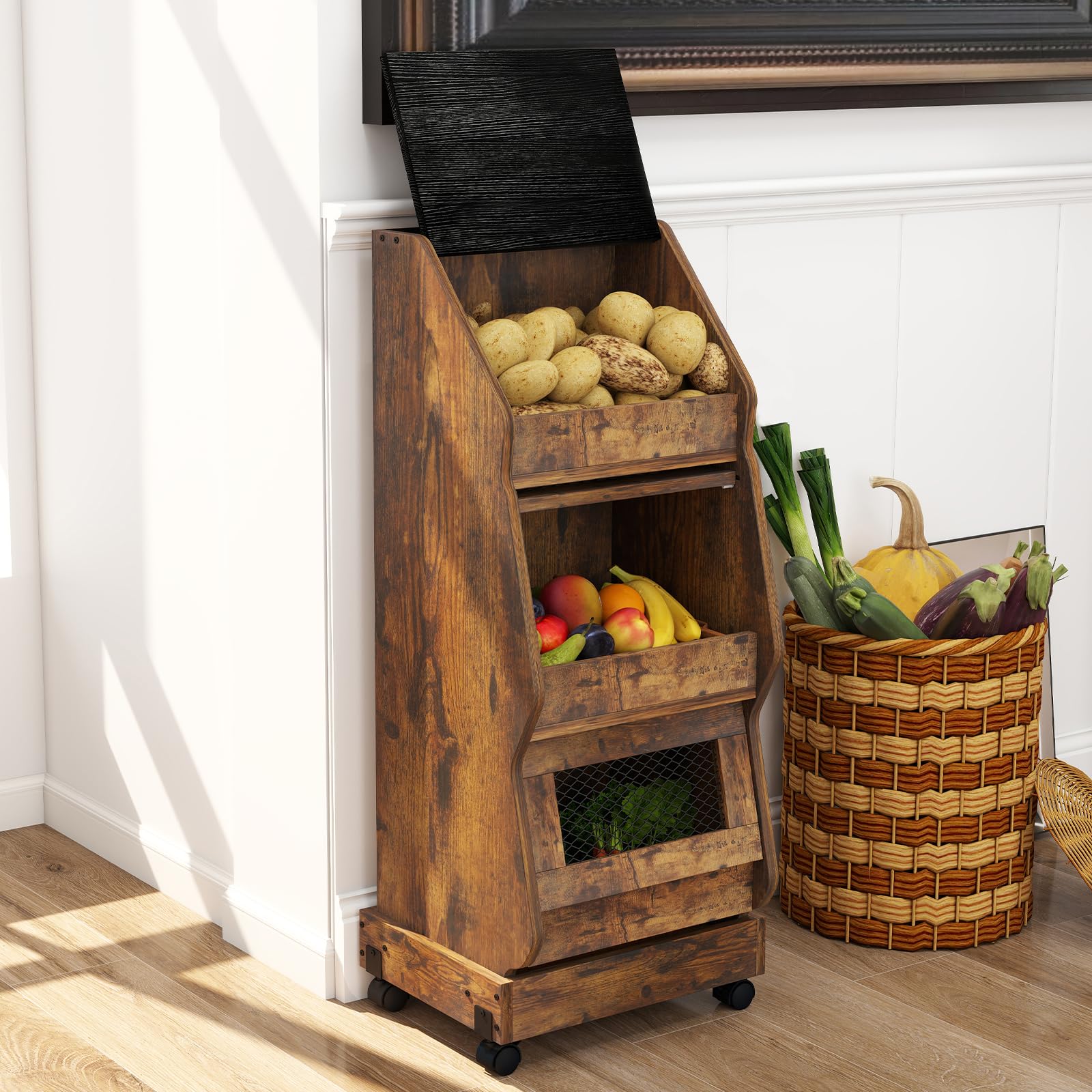 Photo 1 of ***FOR PARTS ONLY MAJOR DAMAGE*** ARTETHYS Potato Storage Bin Movable Bread Box with Lid Rustic and Wheels Onion Organizer with Grocery Section Decorative Vegetable Organization Cabinet for Kitchen