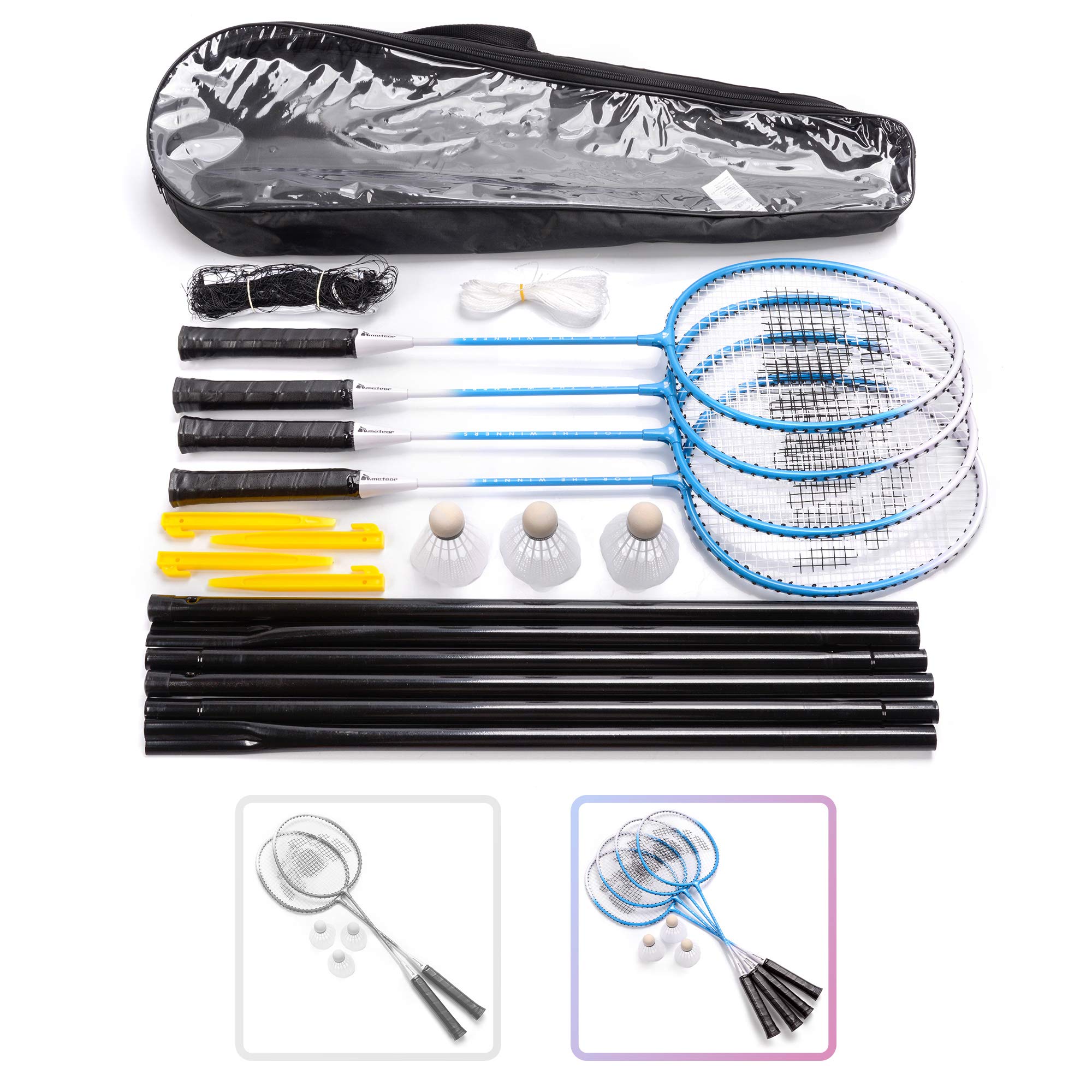 Badminton Rackets Set 2 or 4 Person Badminton Set with Net for Garden Easy Setup Badminton Set for Adult Kids Children Family with 3 shuttercocks (4 rackets, Blue)