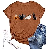 Halloween Ghost Cat Shirt Women Cat Lover T-Shirt Gift Spooky Black Cat Graphic Tees Short Sleeve Fall Tops