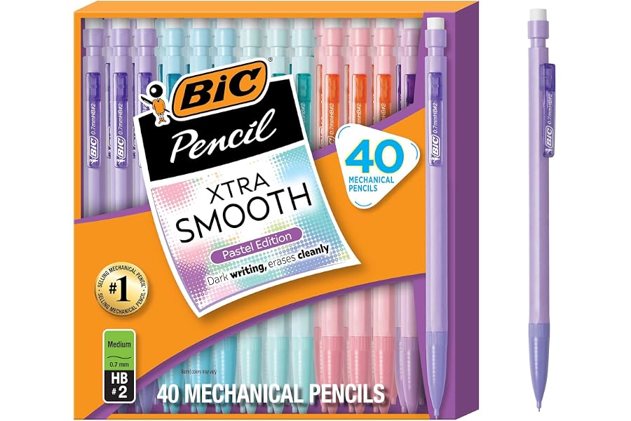 BIC Xtra-Smooth Pastel Mechanical Pencils with Erasers, Medium Point (0.7 mm), Bulk School Supplies for Students and Teachers, 40-Count Pack