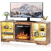 PUKAMI Fireplace TV Stand with 18" Fireplace for Living Room,58" Entertainment Center with Leg Lights,Modern Storage Console Cabinet for TVs Up to 65" with Adjustable Glass Shelves,Brown