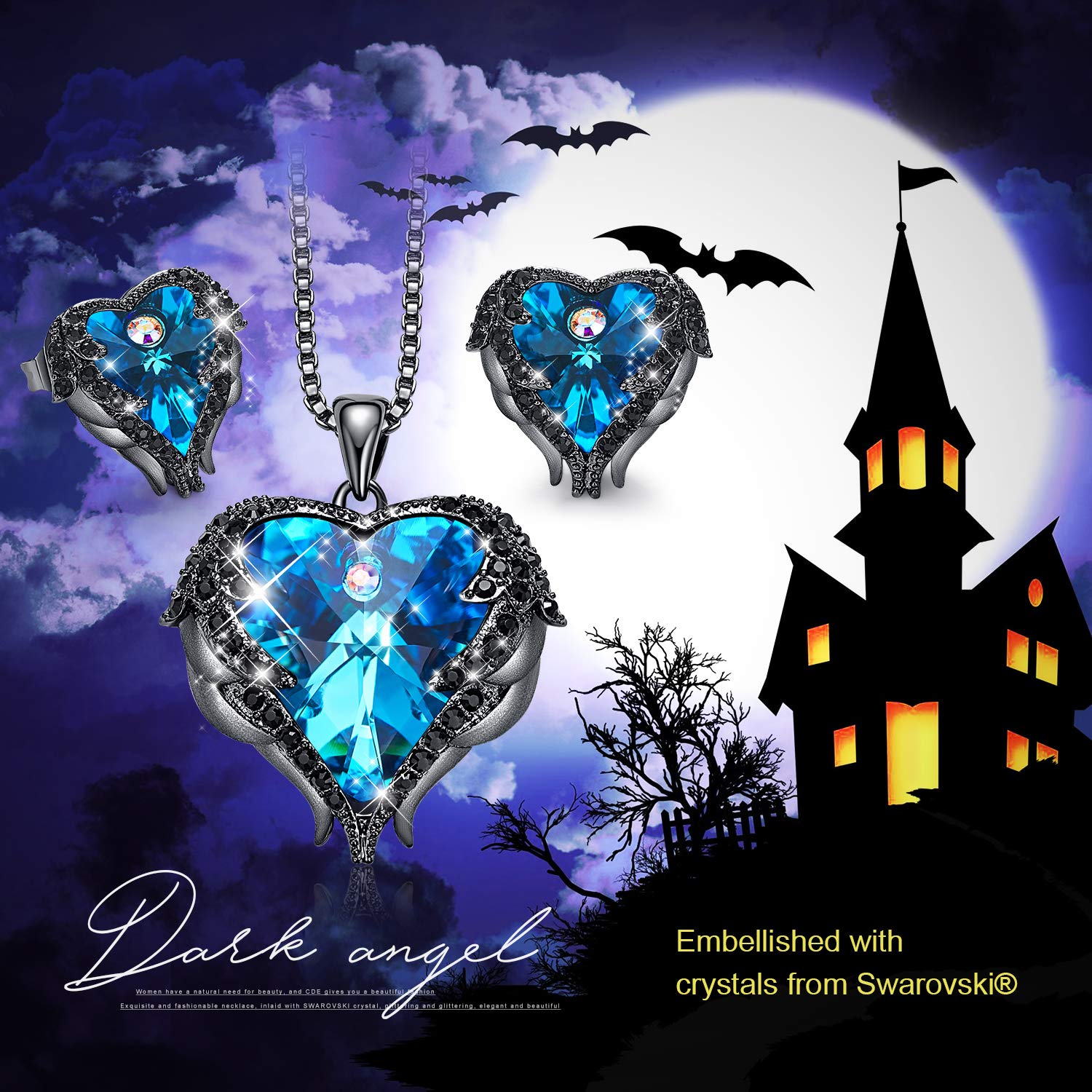 CDE Jewelry Set for Women Heart Shape Pendant Necklace and Studs Earrings Embellished with Crystals from Swarovski Dark Blue Heart of Ocean Pendant Necklace Set Gifts for Mothers Day