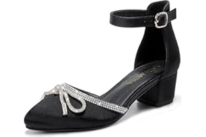 LAURMOSA Girls Sandals Closed Toe High Heels Pointed Toe Ankle Strap Pumps Flower Girl Dressy Shoes in Wedding Party Cute Bowknot Chunky Block Heeled for Little Big Kids