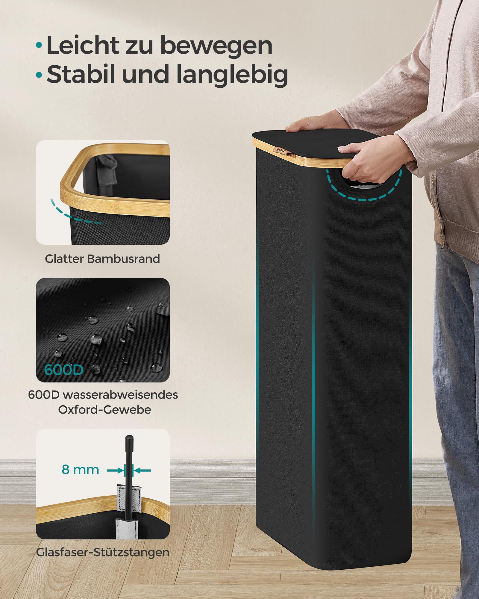 SONGMICS Wäschekorb mit Deckel, Wäschesammler 65 L, platzsparend, herausnehmbarer Wäschesack, Oxford-Gewebe, Griffe aus Bambus, zusammenklappbar, 42 x 22,5 x 70,5 cm, tintenschwarz LCB506B01 7