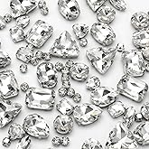100 PCS Sew on Rhinestones, Silver Glass Rhinestones Flatback Crystal Gems, 10 Mixed Shapes Claw Gemstones for Crafts Clothes Shoes Hats