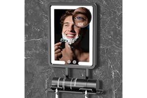 COSMIRROR Shower Mirror Fogless for Shaving, LED Heated Rechargeable Fogless Mirror for Shower with Razor Holder &10X Magnification, 3 Color Lighting, Dimmable Touch Screen, Anti-Fog Shaving Mirror for Shower