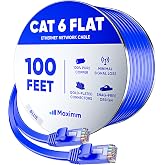 Maximm Cat6 Ethernet Cable 100ft, Flat, Blue, Snagless RJ45 | Backward compatible with Cat5 and Cat5e networks, connects routers, modems, NAS drives, gaming consoles, and smart TVs