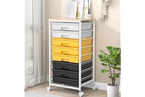 SYKIARIOL Rolling Storage Cart with Drawers,Utility Cart with 8 Drawers,Rolling Storage Cart with Wooden Tabletop and Lockable Wheels,Storage Drawer Cart with Large Capacity,Yellow