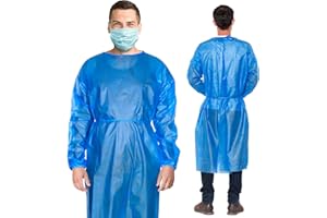 AMZ Polyethylene Robes Blue. Pack of 10 Adult Disposable Robes XX-Large. Fluid-Resistant PE Frocks with Long Sleeves, Neck an
