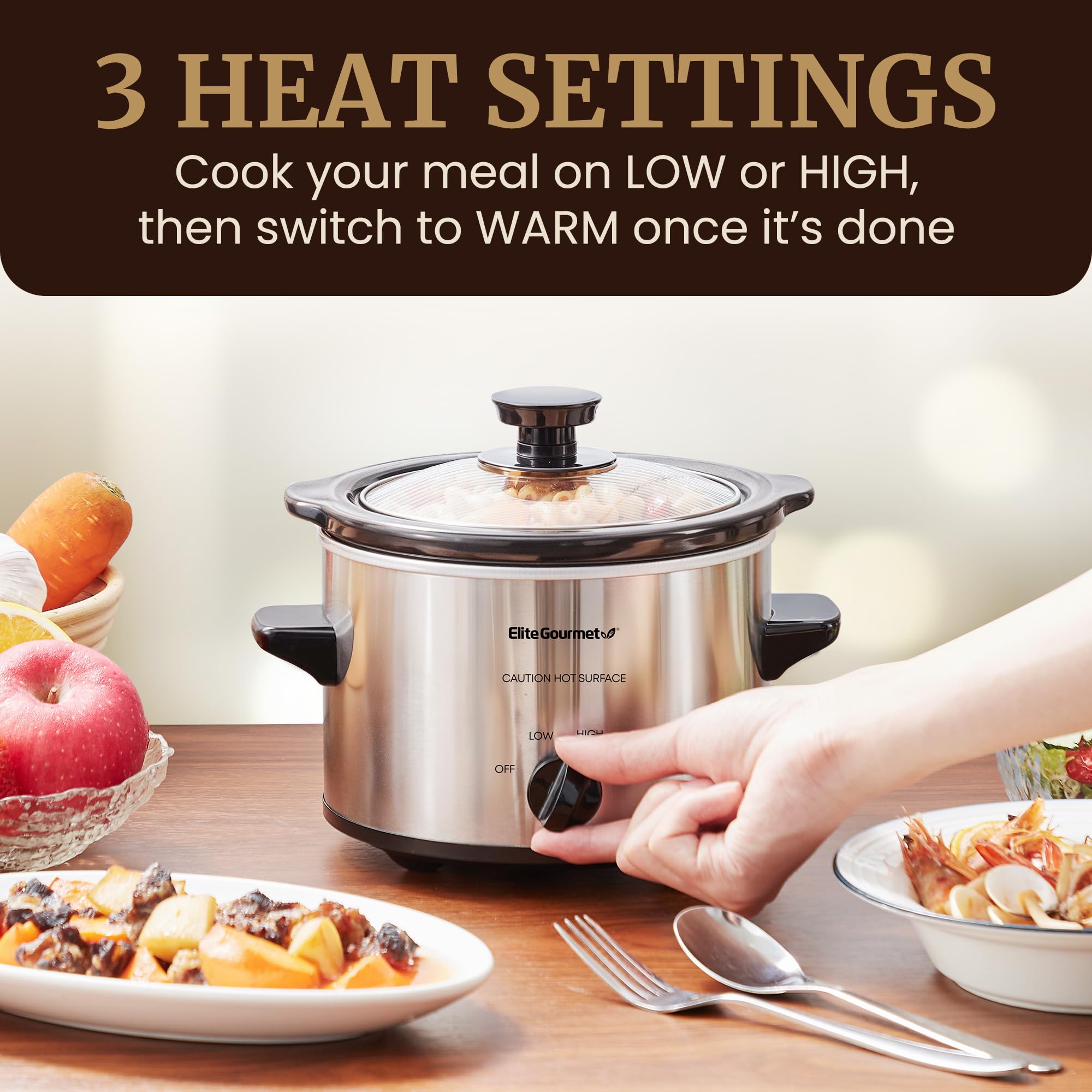 Elite Gourmet MST-250XS Electric Slow Cooker Ceramic Pot, Adjustable Temp, Entrees, Sauces, Stews & Dips, Dishwasher Safe Glass Lid & Crock, 1.5 Quart, Stainless Steel