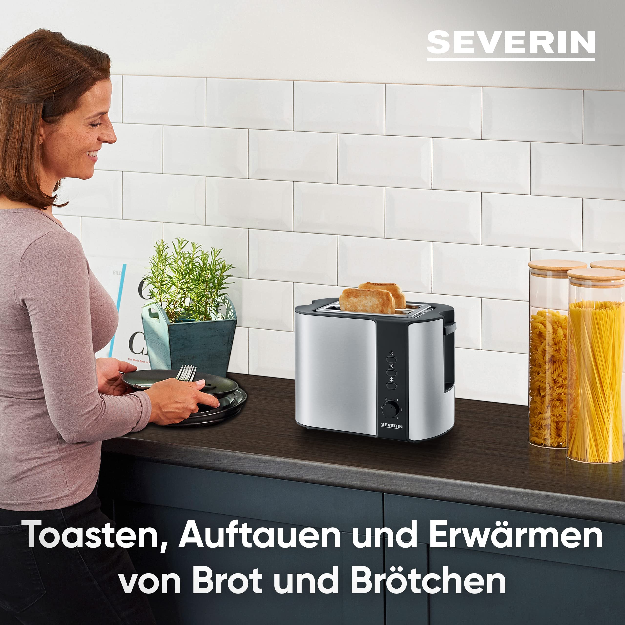 SEVERIN Automatik-Toaster, mit Brötchenaufsatz, hochwertiger Edelstahl Toaster zum Toasten, Auftauen und Erwärmen, 800 W,steel, AT 2589 3