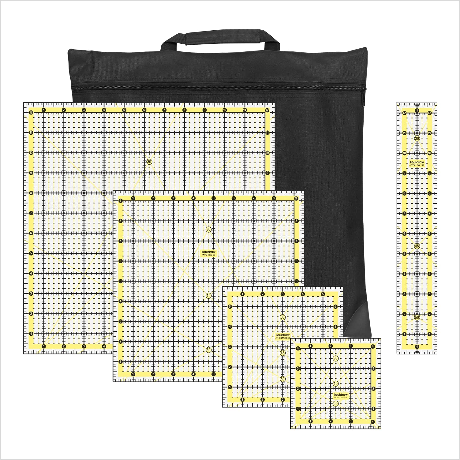 Liquidraw Quilting Ruler Set of 5 | Includes 12.5" x 12.5", 9.5" x 9.5" | 6" x 6", 4.5" x 4.5", 2" x 12.5" & Carry Bag | Clear Acrylic | Square Cutting, Quilting & Sewing Must-Have | Easy to Read