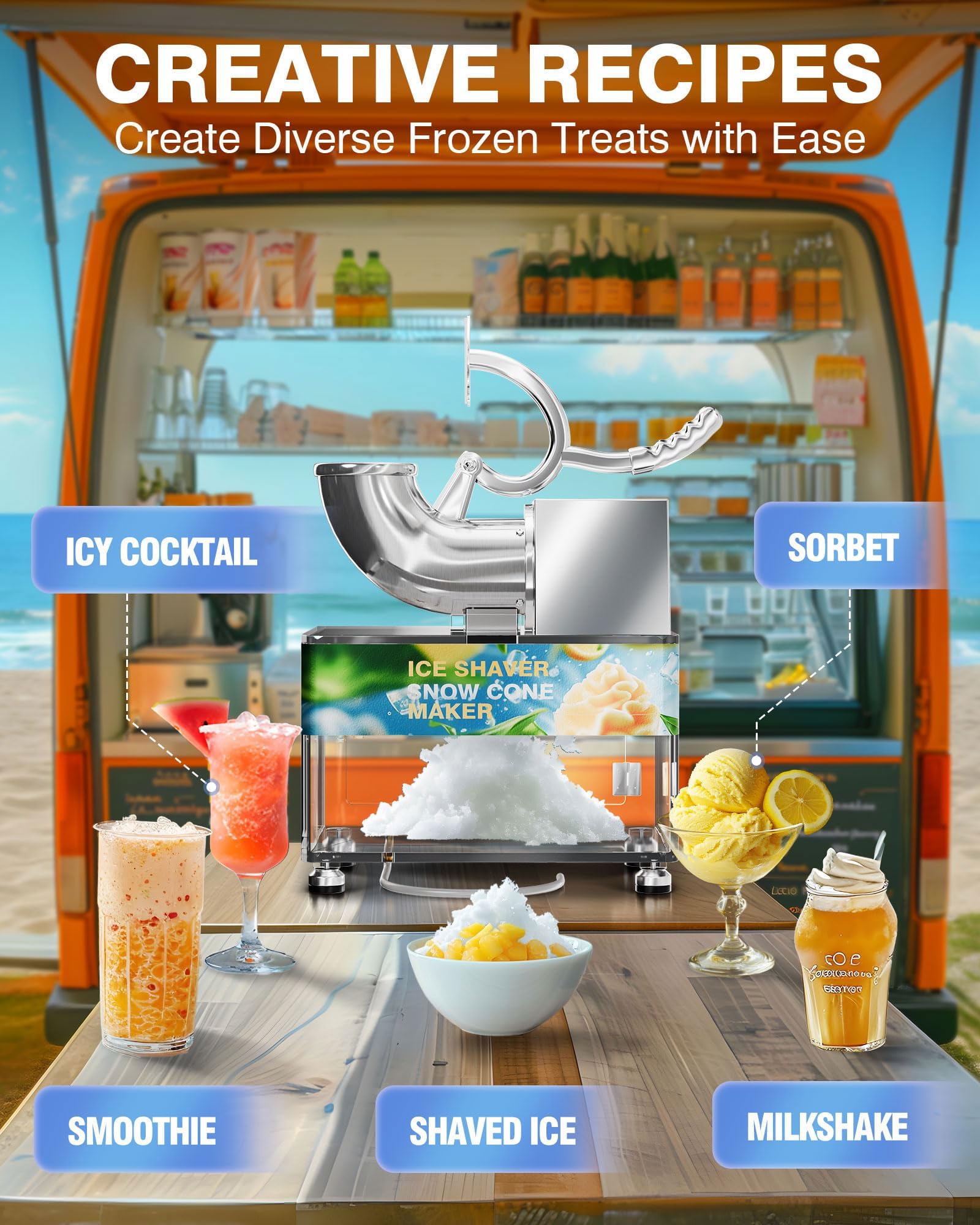 PYY Snow Cone Machine - Commercial Ice Crusher Shaver, Electric Crushed Shaved Snowcone Maker, 440LBS/H 1400RPM All-Copper Motor, Stainless Steel Full Body, Dual Blades, Acrylic Box and Drain Pipe