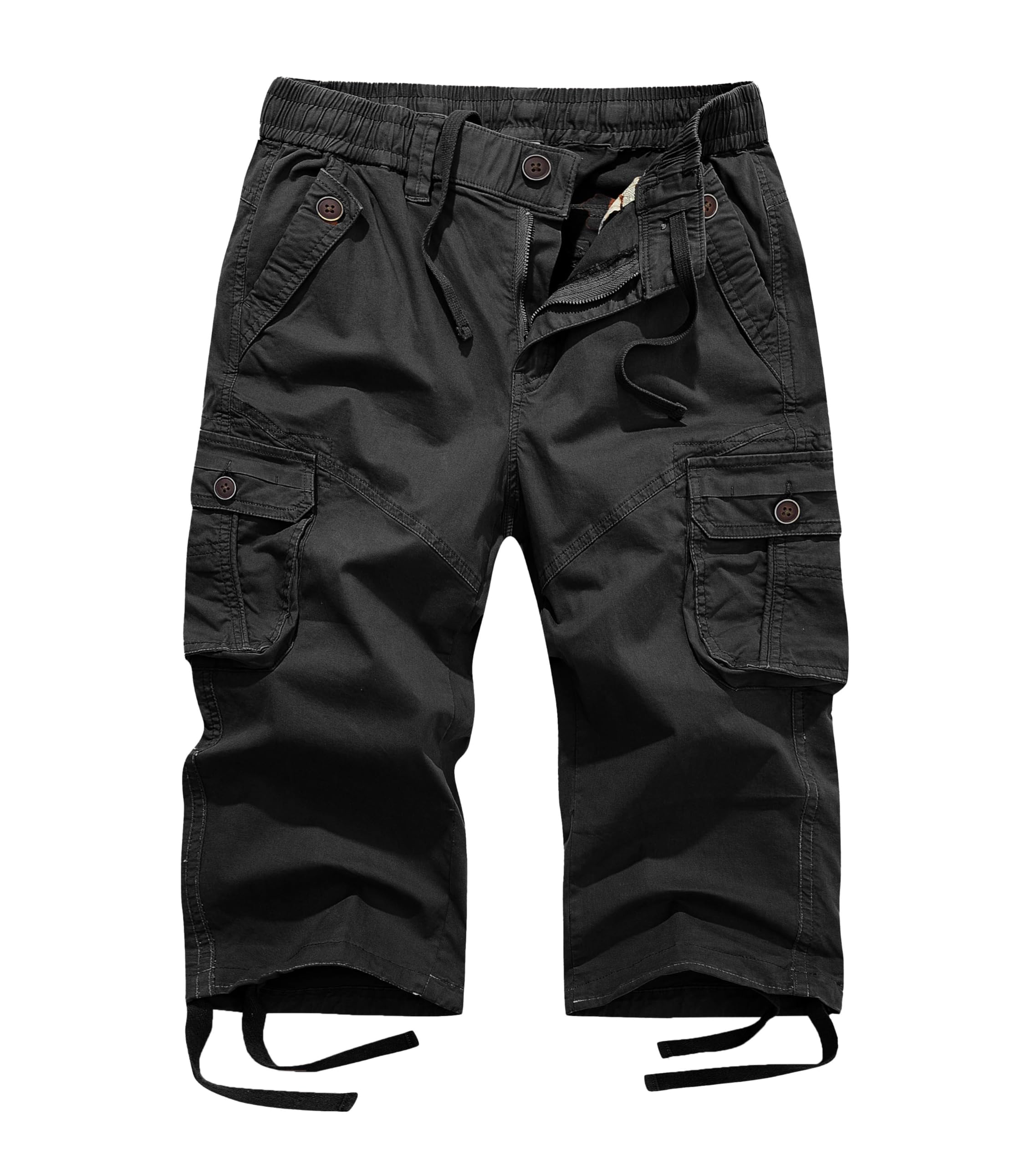 Photo 1 of FOURSTEEDS Women's Mid Rise Cotton Capri Hiking Shorts Drawstring Multi Pocket Cargo Shorts Elastic Waist Cropped Cargo Pants Black XL