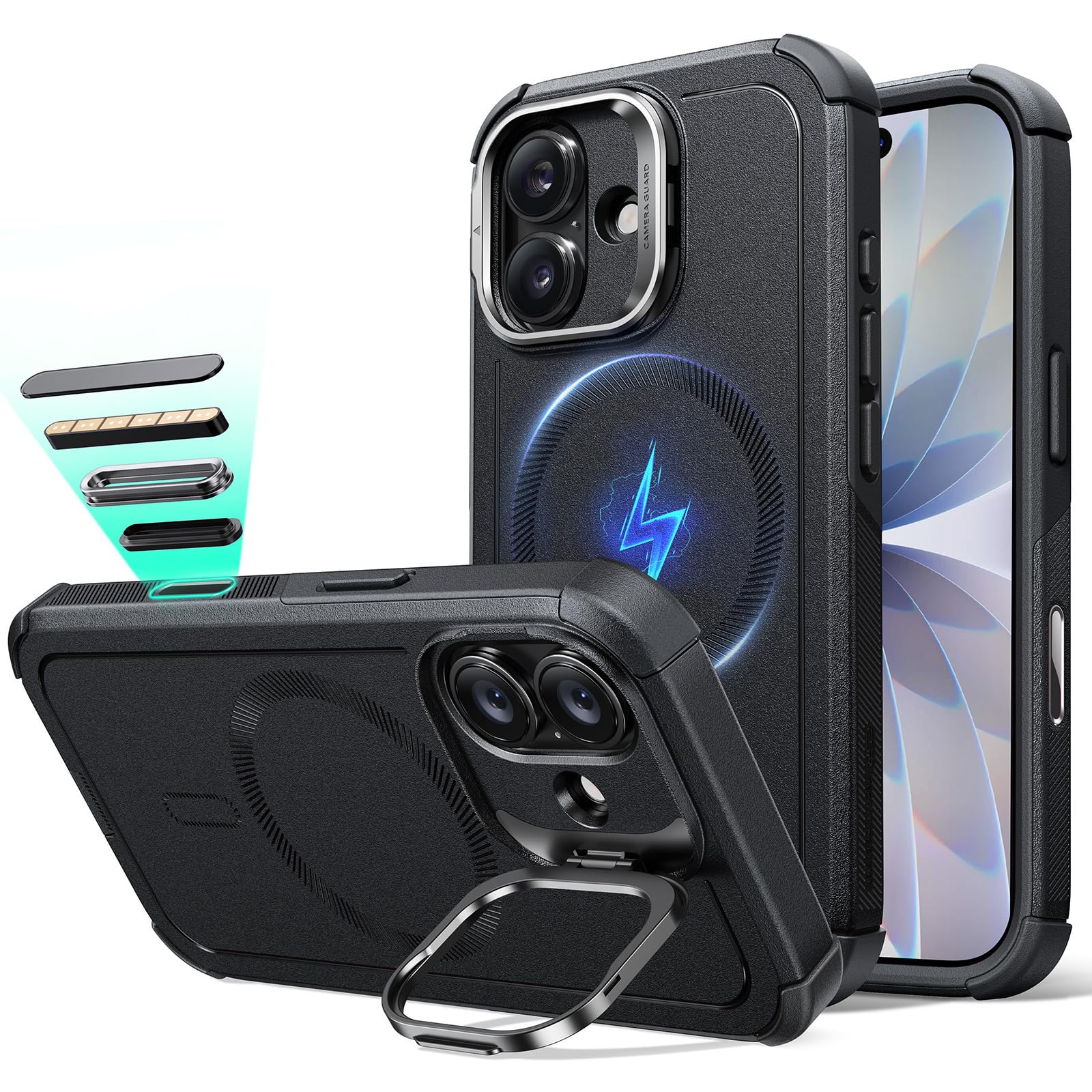 Photo 1 of ESR for iPhone 17 Case with Stash Stand, 7X Military-Grade Drop Protection with Camera Control, Shock-Absorbing Phone Rugged Cover, Compatible with MagSafe Accessories, Cyber Series, Black