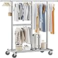 Raybee Clothes Rack Heavy Duty 405LBS, Clothing Racks for Hanging Clothes 200+, Metal Clothing Rack with Wheels, Commercial Garment Rack Portable, Silver