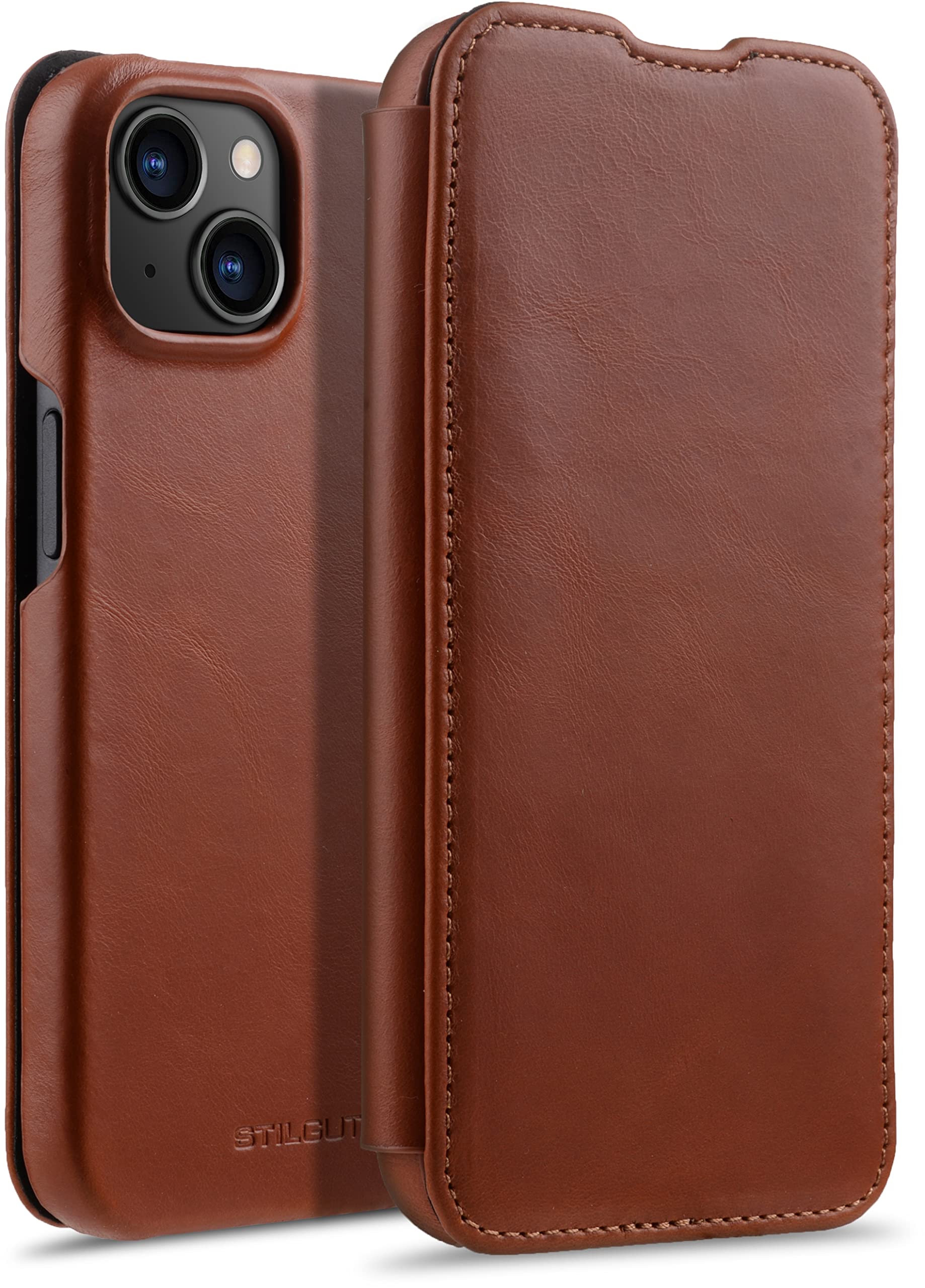 STILGUT Book Case Compatible with iPhone 14 (6.1 Inch) Leather Flip Case, Mobile Phone Case, Leather Case - Cognac