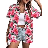 Women's Button Down Hawaiian Shirts Tropical V Neck Summer Beach Blouses Tops Floral Print Vintage Short Sleeve Tees