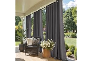 NICETOWN Grey Blackout Outdoor Curtains for Patio, Grommet Top and Bottom Rustproof Heavy Weight Windproof Drapes, Keep Priva