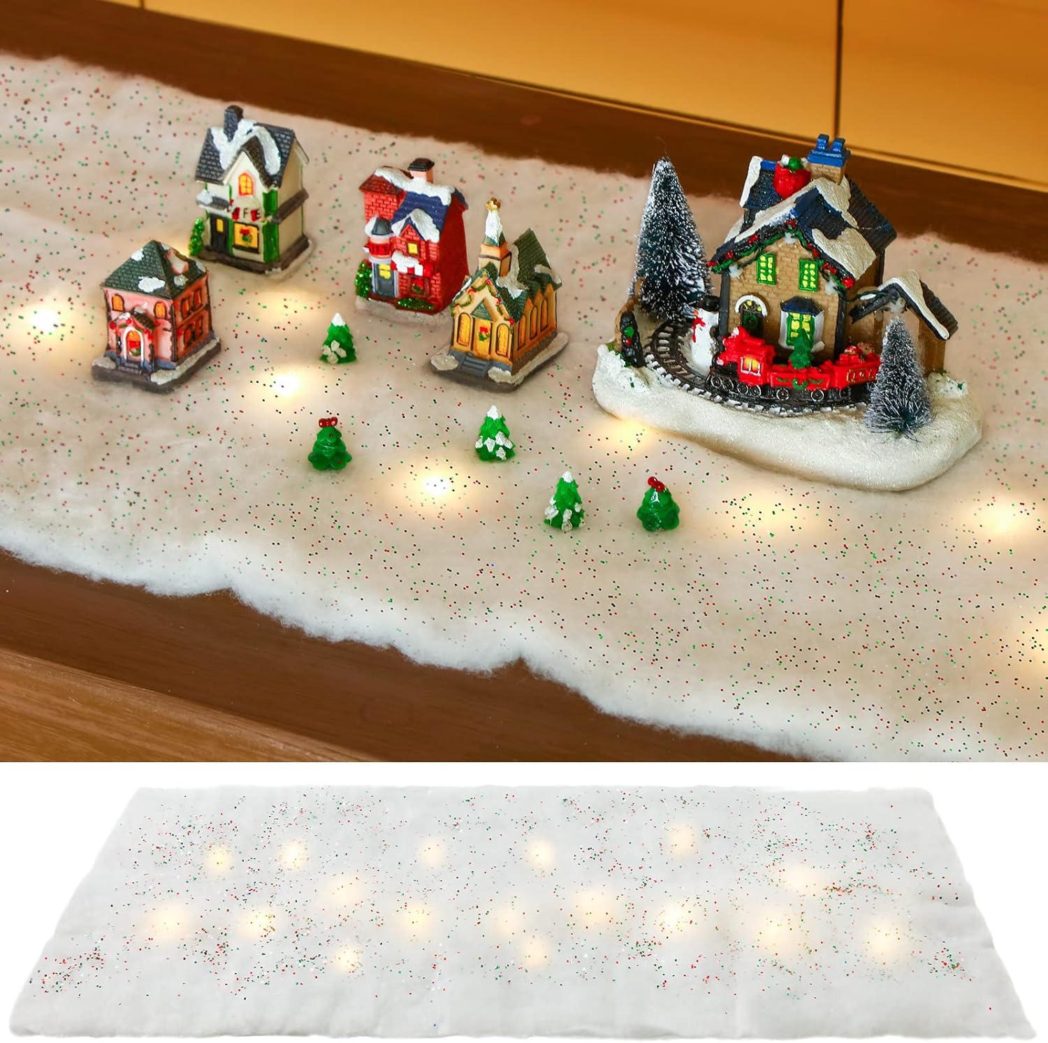Artificial Snow - Christmas Snow Blankets Thick White Soft and Fluffy Fake Snow Covering Decorations Glitter Fluffy Artificial Snow Carpet with Warm White Led Lights String for Xmas Winter Decor (Medium, 5)