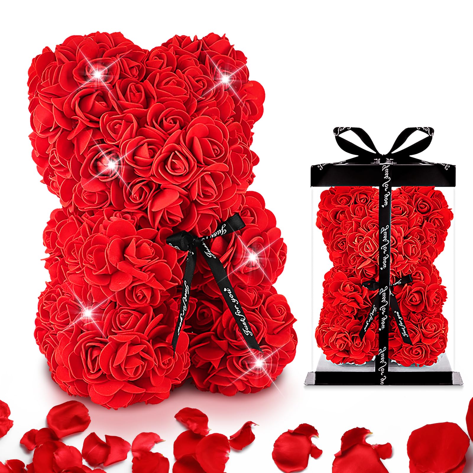 Odaban Rose Bear, Rose Teddy Bear with Box Red Flower Bear for