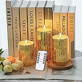 volnyus Gold Glass Flameless Candles Set - 3 Pack(Φ 3" H 4" 5" 6") with Remote,Battery Operated Flickering LED Pillar Candles,Starscape LED Night Lights for Christmas,Home Decor