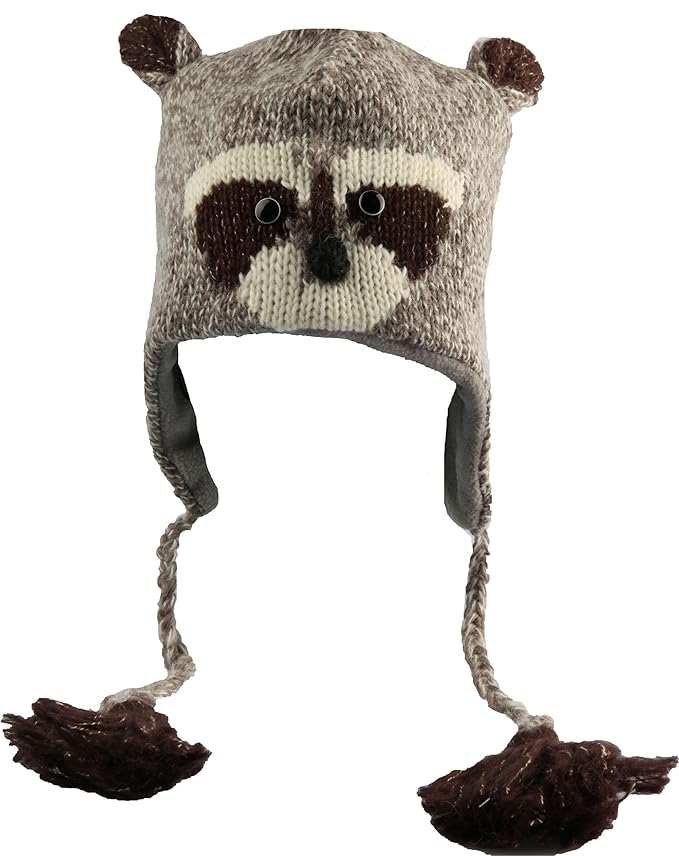 DeLux Raccoon Face Wool Pilot Animal Cap/Hat with Ear Flaps and Poms