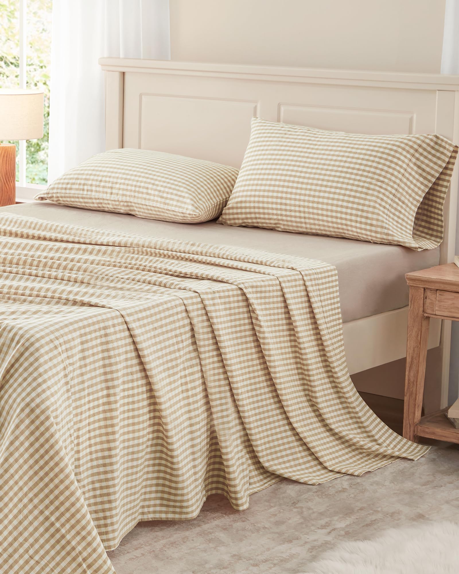 Photo 1 of PURE ERA Queen Sheet Set 100% Washed Cotton Gingham Bed Sheets Queen Size,4 Pieces Set, Soft,Breathable, Durable,Linen Feel - 15" Deep Pocket - Checked Beige