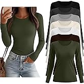 Sweetyweee 7 Pcs Women's Long Sleeve Tops Crew Neck Slim Fit Shirts Basic Going Out Tight Tees