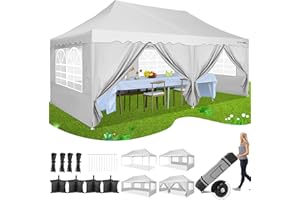 HOTEEL 10x20 Pop Up Canopy Tents for Parties, Outdoor Tent with 6 Sidewalls & Wheeled Bag & 4 Sandbags, Easy Setup for Wedding, Patio Events, Commercial, Party -Waterproof and UV50+ Protection, White