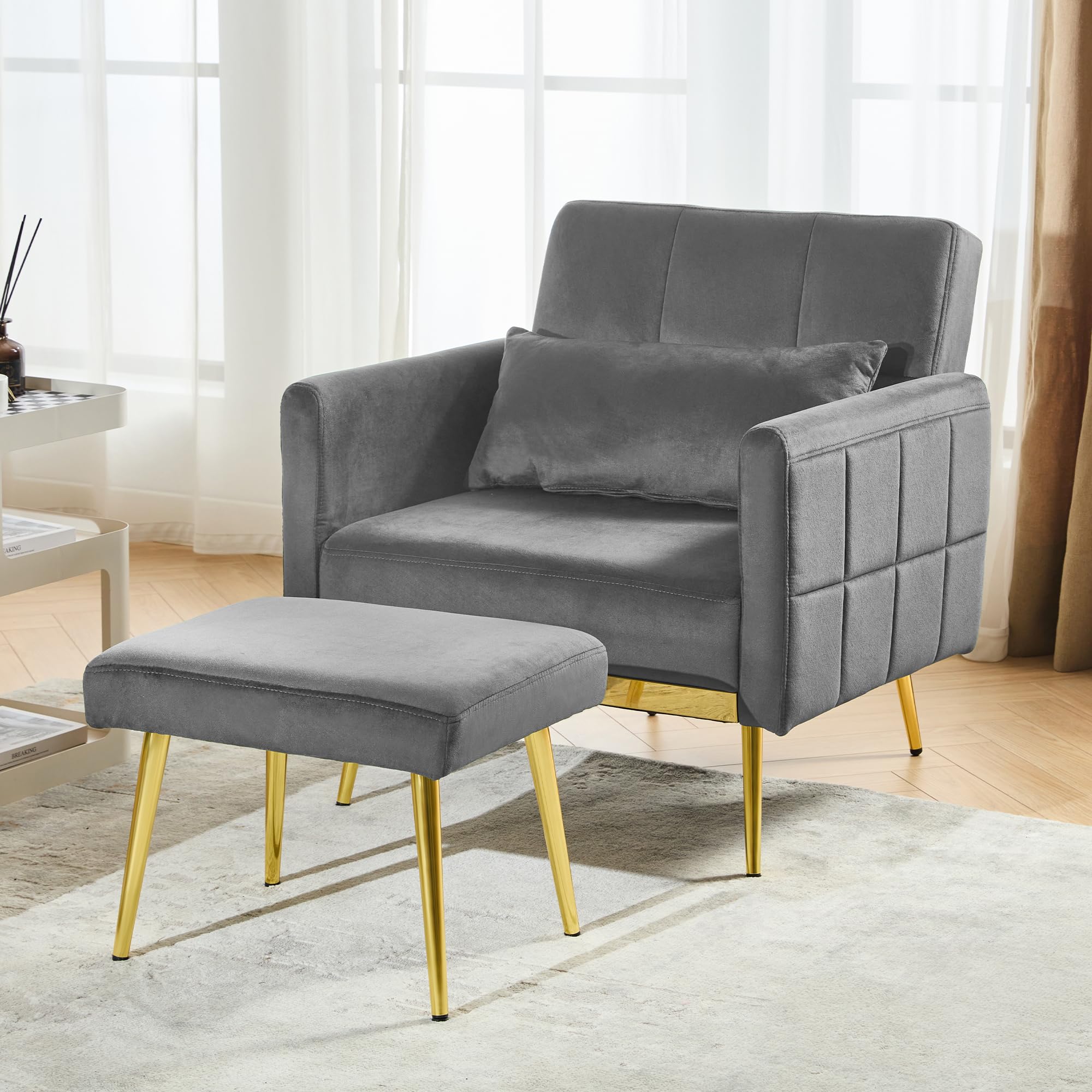 Photo 1 of DIFY Velvet Accent Chair with Adjustable Armrests and Backrest, Upholstered Tufted Lounge Chair, Single Recliner Armchair with Ottoman and Pillow for Living Room, Bedroom, Grey