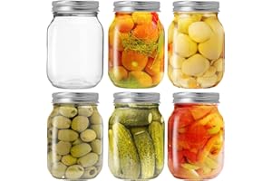 KORCCI Regular Mouth Glass Mason Jars 16oz 6Pcs, Canning Jars With Metal Airtight Lids And Bands. For Canning, Fermenting, Pickling, Jar Décor. Temperature Resistance. Microwave/Dishwasher Safe
