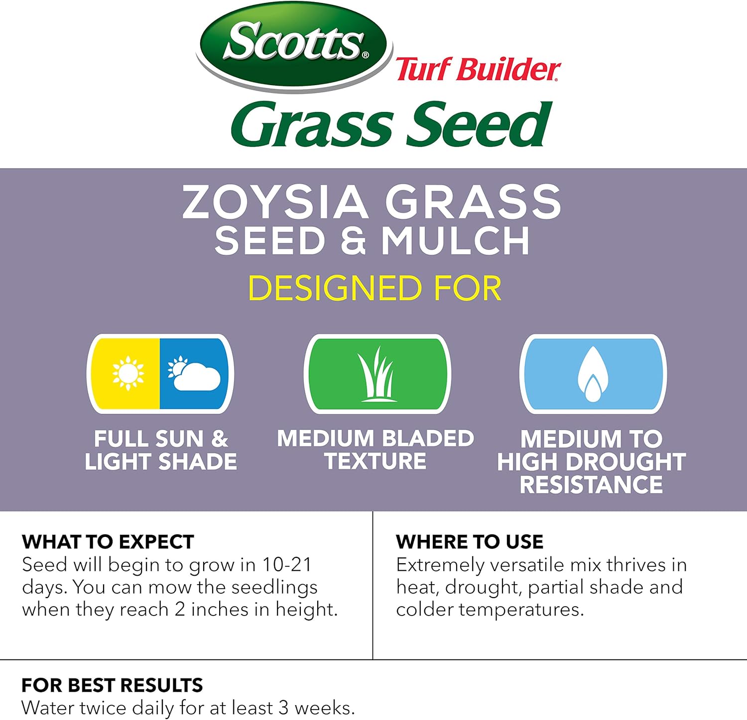 Scotts Turf Builder Grass Seed Zoysia Grass Seed and Mulch, 5 lb. - Full Sun and Light Shade - Thrives in Heat & Drought - Grows a Tough, Durable, Low-Maintenance Lawn - Seeds up to 2, 000 sq. ft. : Grass Plants : Garden & Outdoor