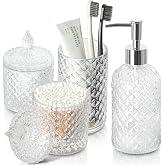 RYTOXILO Bathroom Accessories Set, 4 Pack Clear Glass Bath Accessory Sets Complete, Diamond Soap Dispenser and Toothbrush Holder Set for Bathroom Counter Organizer Essentials, Modern Bathroom Decor