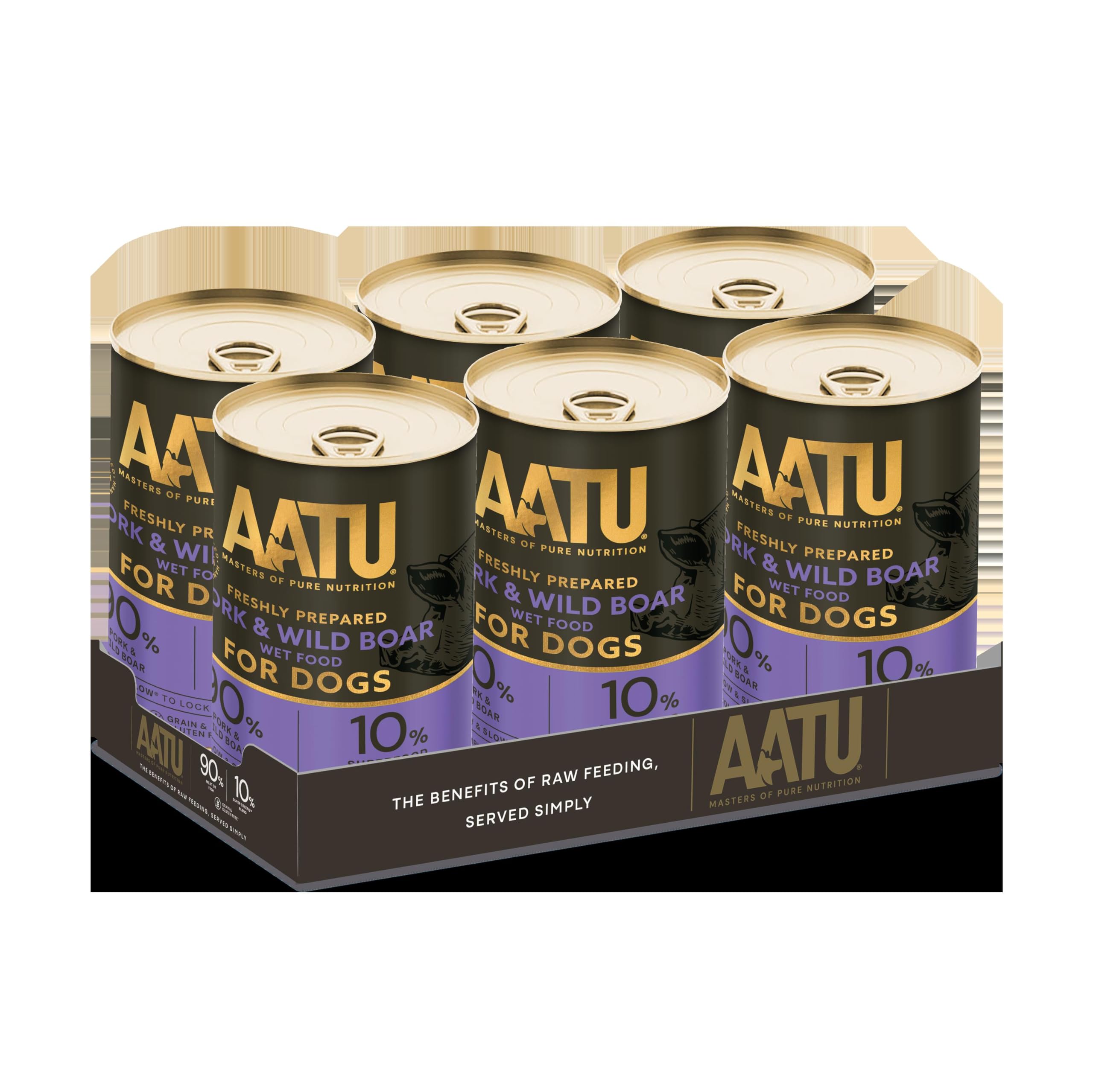 AATU 90/10 Wet Dog Food in a Tin - Pork & Wild Boar (6x400g) - Grain Free Recipe - No Artificial Ingredients - Good for Low Maintenance Feeding. (Packaging may vary).