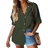 HOTOUCH Womens Linen Button Down Shirt Casual Long Sleeve Cotton Blouse Loose Fit Collared Work Gauze Tops with Pocket