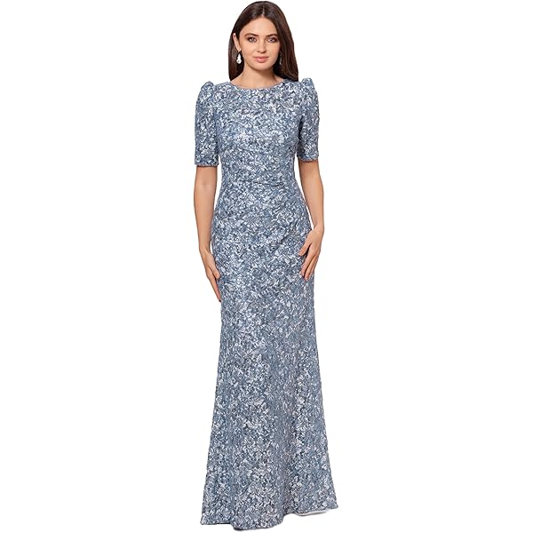 knee length dresses for ladies Xscape Women's One-Shoulder Soutache Lace Gown - Sage/Gold main image 1