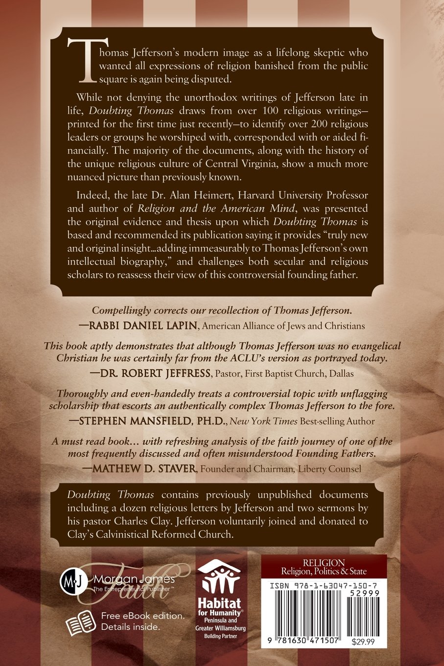 Doubting Thomas The Religious Life and Legacy of Thomas Jefferson Morgan James Faith Mark A Beliles Jerry New be Amazon Books