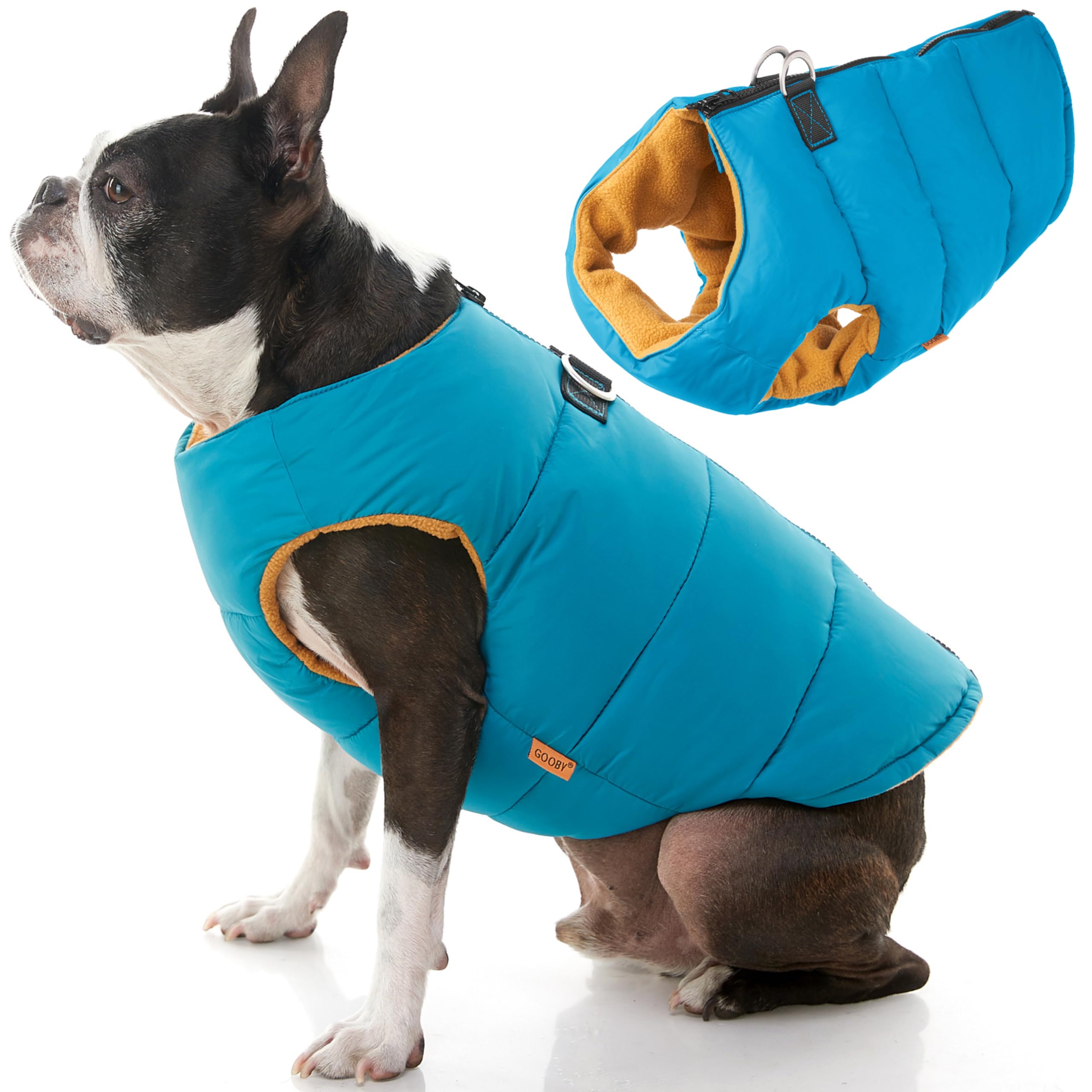 Gooby Padded Vest Dog Jacket - Solid Turquoise, Medium - Warm Zip Up Dog Vest Fleece Jacket with Dual D Ring Leash - Water Resistant Small Dog Sweater - Dog Clothes for Small Dogs Boy and Medium Dogs