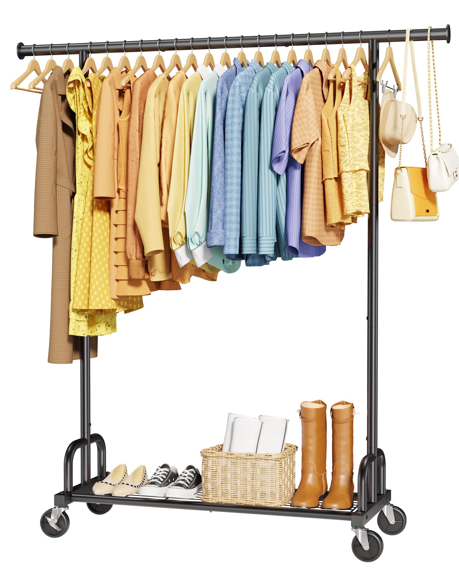 Photo 1 of Sakugi Clothes Rack - Large-Capacity Clothing Racks for Hanging Clothes with Lockable Wheels, Space-Saving Metal Coat Rack for Bedroom, Laundry Room, Entryway, 45.6" x 16.9" x 59", Black