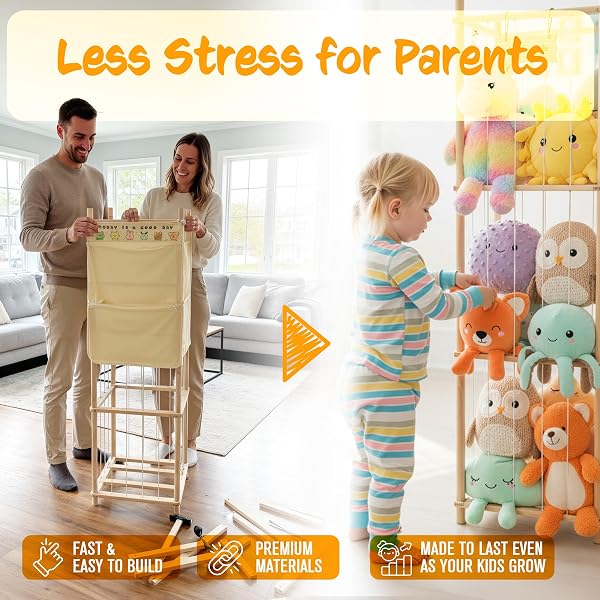 54-INCH TALL STUFFED ANIMAL STORAGE ORGANIZER – PREMIUM WOODEN PLUSH TOY HOLDER ZOO, LARGE TOY STORAGE TOWER WITH ELASTIC ROPE & SIDE STORAGE BAG FOR KIDS ROOM, NURSERY, PLAYROOM, CORNER (SPRINOAK)