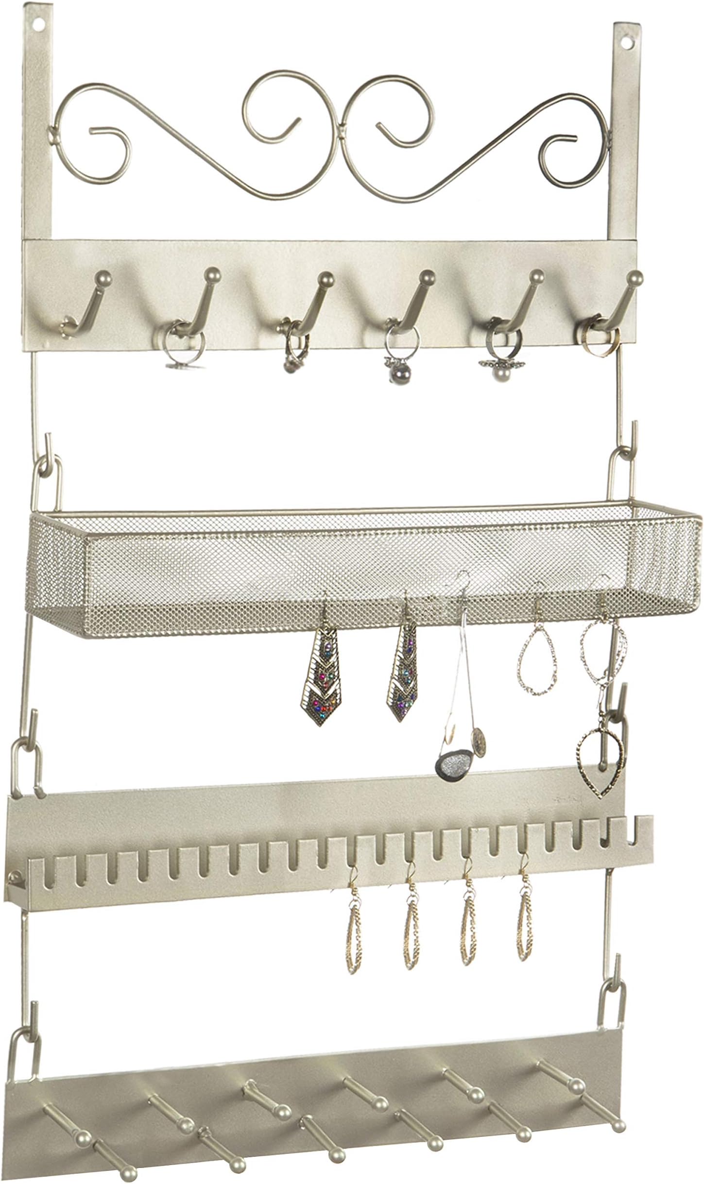MyGift 4-Tier Brass-Tone Metal Wall Hanging Jewelry Organizer Rack