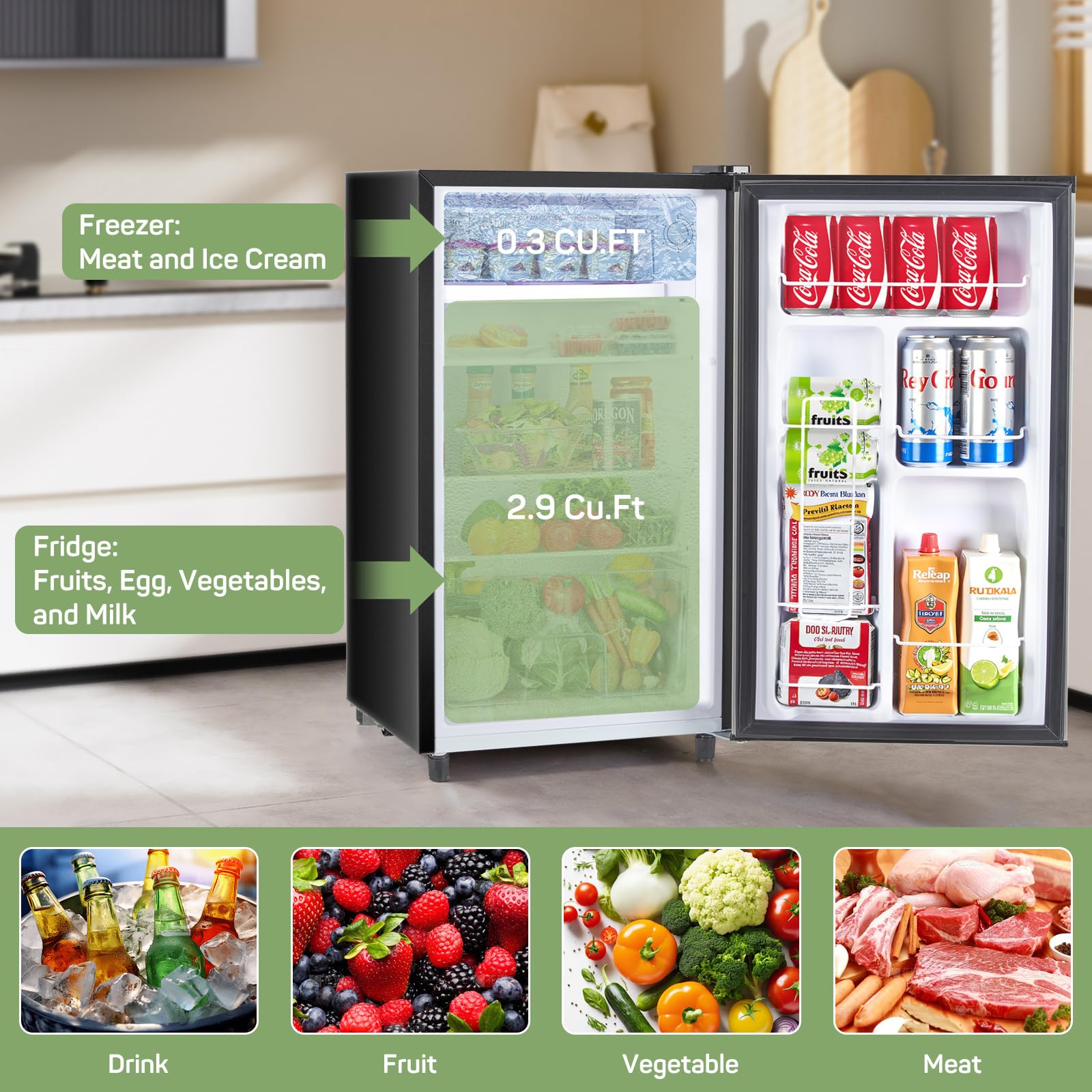 Upgraded Mini Fridge for Bedroom 3.2 Cu.Ft Small Refrigerator with Freezer for Dorm Office, Compact Single Door Adjustable Thermostat Low Noise, 17.5